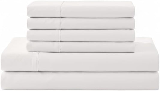 Linen Home 100% Cotton Percale Sheet Set, Full Size, Snow White, Deep Pocket, 6 Pieces Set - 1 Flat, 1 Deep Pocket Fitted Sheet and 4 Pillowcases, Crisp Cool and Strong Bed Linen