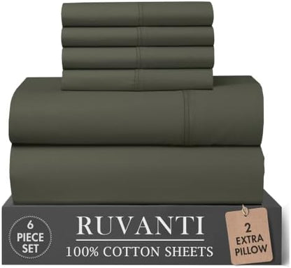 RUVANTI 100% Cotton California King Sheet Set, Percale Sheets, Deep Olive