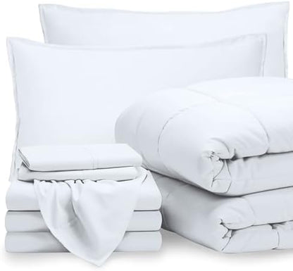 Bare Home Bed-in-A-Bag 8 Piece Comforter & Sheet Set - Split Queen - Goose Down Alternative - Ultra-Soft 1800 Premium Bedding Set (Split Queen, White/White)