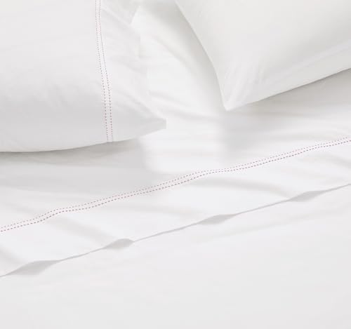 SCOUT 100% Cotton 200 Thread Count Percale Pick Stitch White/Pink Lemonade 5-Piece Split King Sheet Set, Solid Themed, Adult Bedding, Oeko-TEX Certified