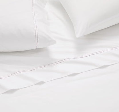 SCOUT 100% Cotton 200 Thread Count Percale Pick Stitch White/Pink Lemonade 5-Piece Split King Sheet Set, Solid Themed, Adult Bedding, Oeko-TEX Certified