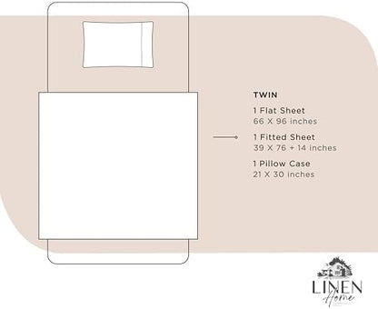 Linen Home 100% Cotton Percale Sheets Twin Size, Sand Shell, Deep Pocket, 3 Pieces Set- 1 Flat, 1 Fitted and 1 Pillowcase, Crisp Cool and Strong Long Staple Bed Linen