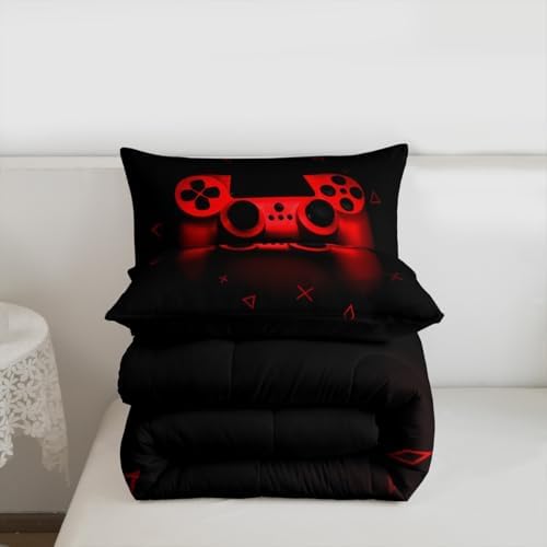 Boys Gamer Comforter Set King Size,Gamepad Bedding Set Kids Young Man Video Games Down Comforter for Teen Child Game Room Decor Black Red Classic Retro Gaming Quilted Duvet Set with Pillowcase