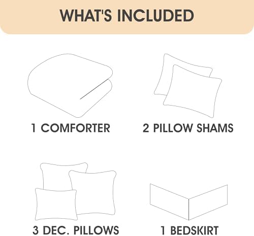 LANCO MODERN LIFESTYLE 7 Piece Comforter Set, Taupe White, Queen Size, Boho Style Geometric Microfiber Embroidery, Bed in a Bag with Bedskirt, Pillow Shams and Decor Pillows