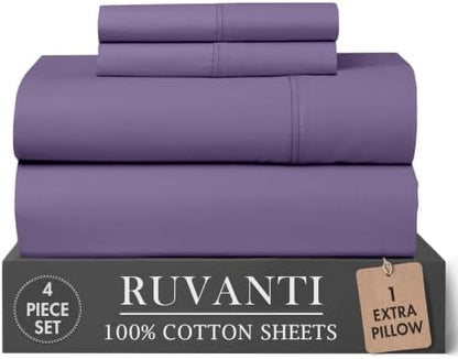 RUVANTI 100% Cotton Twin XL Sheets, Percale Weave Twin XL Set, Purple Sage