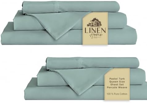 Linen Home 2-Pack Queen Sheet Set, 100% Cotton Percale Bedding, 8-Piece Value Bundle, Deep Pocket Cooling Bed Sheets for Hot Sleepers, Breathable & Crisp Hotel Quality, Long-Staple Cotton, Pastel Turk
