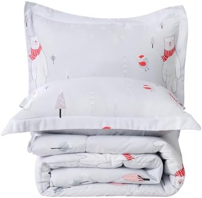 Yibeizi Christmas Comforter Set Twin for Boys Girls, Cute Bear Snowmen Printed Bedding Set with Pillow Sham, Lightweight Soft Breathable Washable Bed Set 2 Piece