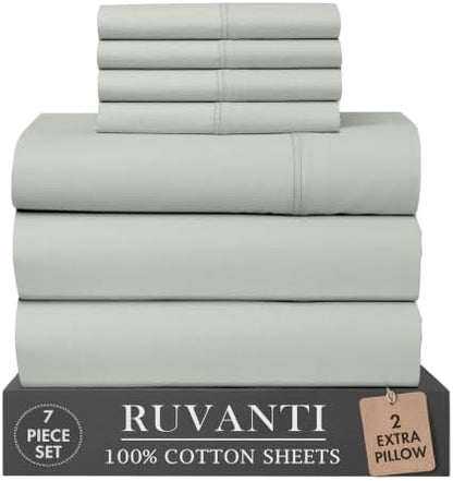 RUVANTI 100% Cotton Split King Sheets, Percale Sheets Set, Ocean Breeze