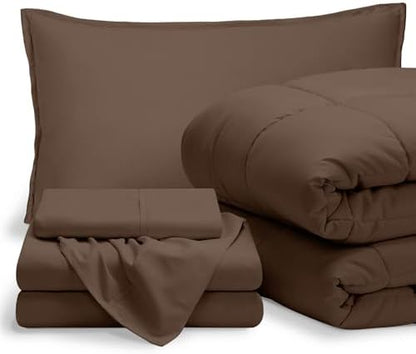 Bare Home Bed-in-A-Bag 5 Piece Comforter & Sheet Set - Twin XL - Goose Down Alternative - Ultra-Soft 1800 Premium Bed Set (Twin XL, Cocoa/Cocoa)