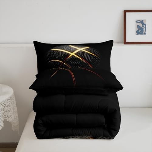 3D Basketball Comforter Set for Boys Kids Teens Ultra Soft Microfiber Black and Golden Quilted Duvet Sports Theme Basketball Bedding Sets King Size Balls Sports Gaming Duvet Insert,2 Pillowcases