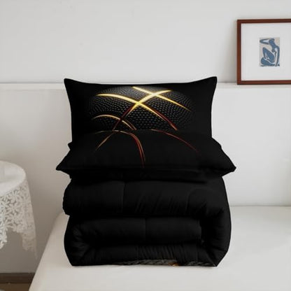 3D Basketball Comforter Set for Boys Kids Teens Ultra Soft Microfiber Black and Golden Quilted Duvet Sports Theme Basketball Bedding Sets King Size Balls Sports Gaming Duvet Insert,2 Pillowcases