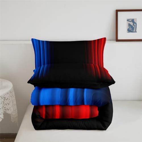 Feelyou Geometric Ombre Teens Comforter Set Kids Boys Women Blue Red and Black Bedding Set Decor Modern Stripes Comforter 3Pcs King Size
