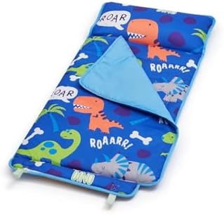 EVERYDAY KIDS Nap Mat with Removable Pillow - Roarin' Dinos - Carry Handle with Straps Closure, Rollup Design, Soft Microfiber for Preschool, Daycare, Travel Sleeping Bag - Ages 3-6 Years