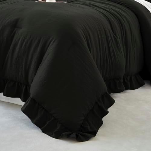 Black Ruffle 3 Pieces Comforter Set King Shabby Chic Bedding Set
