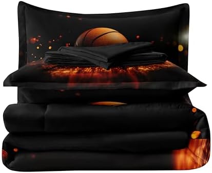 Helloosun 5PCS Basketball Bedding Full,Boys Sports Comforter Set,Full Basketball Comforter for Boys,Red and Black Court Bed Set