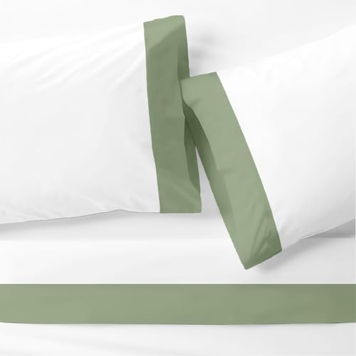 SGI bedding Hudson Hotel Collection 4 Piece Egyptian Cotton Sheets King Size - 15" Deep Pocket, Premium Cotton, Elegant 4" Moss Hem on White Sheet - White/Moss