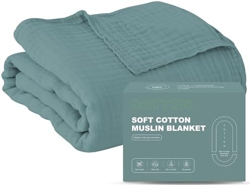 Cosy Family 6 Layer Muslin Bed Blanket - Breathable and Lightweight Gauze Boho Blanket for Spring, Soft 100% Cotton Muslin, Green, 55x80 Inches