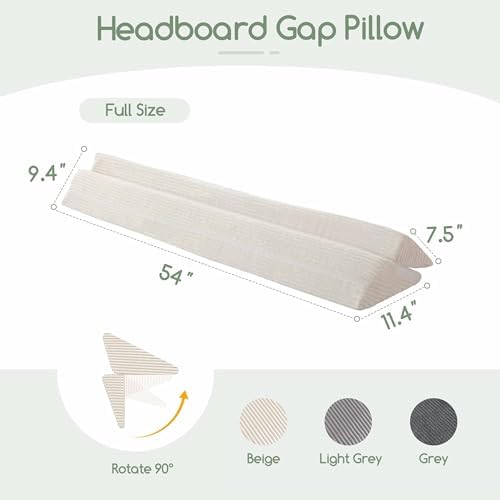 HIGOGOGO Full Size Wedge Pillow for Headboard Gap - Multi Functional Mattress Wedge Bed Gap Filler Close The Gap (0-7") Between Your Mattress and Headboard or Wall (Beige 54"x11"x9")