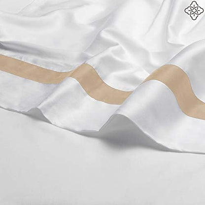 BIOWEAVES 100% Organic Cotton Banded Sheet Set, Soft Sateen Weave GOTS Certified with deep Pockets (King, White & Sand)