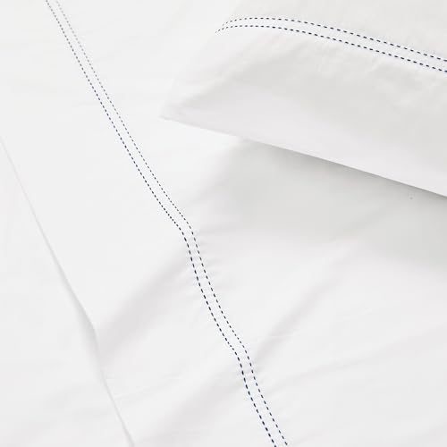 SCOUT 100% Cotton 200 Thread Count Percale Pick Stitch White/Navy 3-Piece Twin Sheet Set, Solid Themed, Adult Bedding, Oeko-TEX Certified