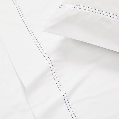 SCOUT 100% Cotton 200 Thread Count Percale Pick Stitch White/Navy 3-Piece Twin Sheet Set, Solid Themed, Adult Bedding, Oeko-TEX Certified