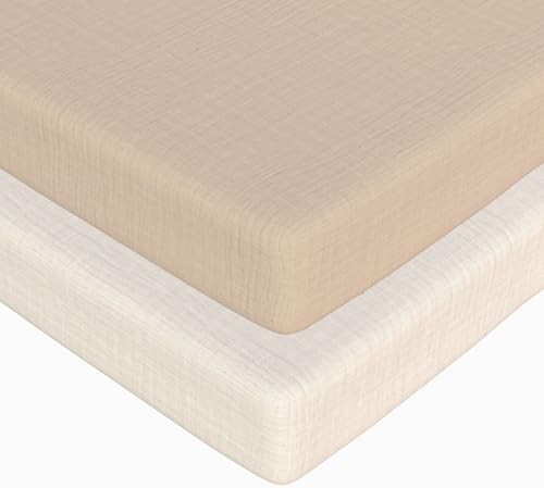 Baby Bassinet Sheets Boys –100% Muslin Bassinet Sheets Rectangle, 2 pc Bassinet Mattress Sheets, 32"x16"x 4", Oeko-TEX Certified, Bedside Bassinet Sheet (Beige + Cream)