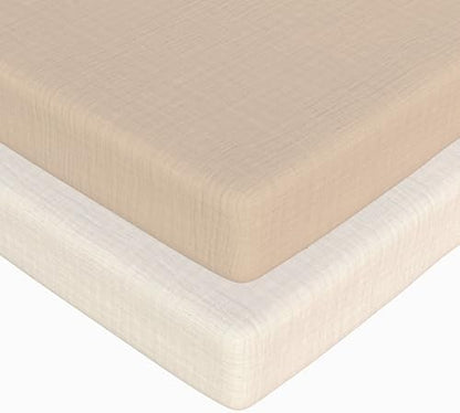 Baby Bassinet Sheets Boys –100% Muslin Bassinet Sheets Rectangle, 2 pc Bassinet Mattress Sheets, 32"x16"x 4", Oeko-TEX Certified, Bedside Bassinet Sheet (Beige + Cream)