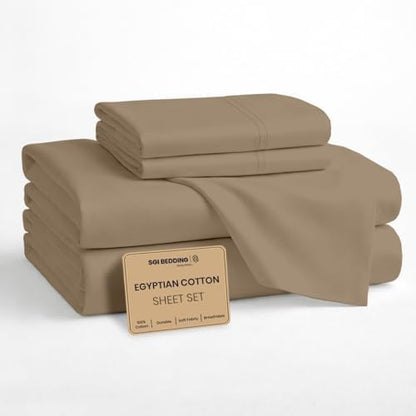 SGI bedding 100% Egyptian Cotton Sheets RV King Size – Cooling Sheets, Soft Breathable Taupe Bedding, Luxury Bedding, Luxury Hotel Sheet Set, Deep Pocket 16", 4 Piece Set