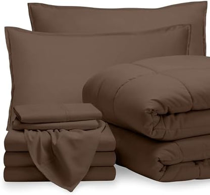 Bare Home Bed-in-A-Bag 8 Piece Comforter & Sheet Set - Split King - Goose Down Alternative - Ultra-Soft 1800 Premium Bed Set (Split King, Cocoa/Cocoa)