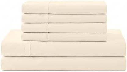 Linen Home 6 Piece California King Sheet Set, 100% Cotton Percale, 4 Pillowcases, Deep Pocket with All Around Elastic Sheet, Crisp Breathable Bedding, Hotel Luxury, Long-Staple Combed Cotton, Ivory