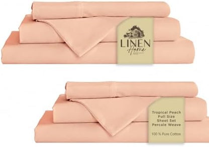 Linen Home 2-Pack Full Sheet Set, 100% Cotton Percale Bedding, 8-Piece Value Bundle, Deep Pocket Cooling Bedsheets for Hot Sleepers, Breathable & Crisp Hotel Quality, Long-Staple Cotton Tropical Peach