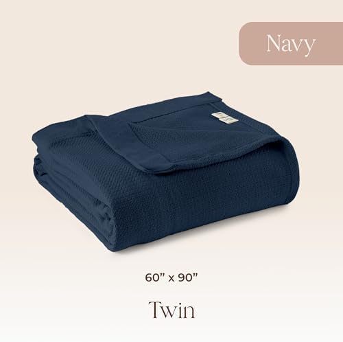 100% Organic Cotton Blanket - GOTS & Fairtrade Certified Organic Cotton Throw Blanket for Bed with a Heavy & Breathable Single Knit Weave - Great as Bedspread or Coverlet (Navy, Twin)