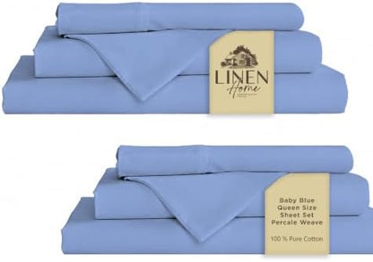 Linen Home 2-Pack Queen Sheet Set, 100% Cotton Percale Bedding, 8-Piece Value Bundle, Deep Pocket Cooling Bed Sheets for Hot Sleepers, Breathable & Crisp Hotel Quality, Long-Staple Cotton, Baby Blue
