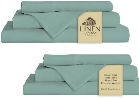 Linen Home 100% Cotton Percale Sheets Twin Size Pack of 2, Aqua Blue, Deep Pocket, 6 Pieces Set- 2 Flat, 2 Fitted and 2 Pillowcases, Crisp Cool and Long Staple Strong Bed Linen
