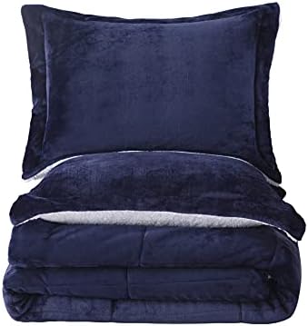 Sherpa Comforter Set Full Queen Size, Navy Blue Bedding Set with Shams