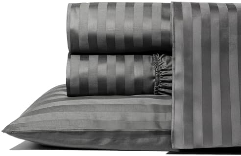 THREAD SPREAD Egyptian Cotton Sheets King Size - 1000 Series High Thread Count Cotton King Size Sheets Set (4 PC, Dark Grey - Stripe) 16" Snug Fit Deep Pocket, Sateen Ultra-Soft Hotel Luxury Sheet Set