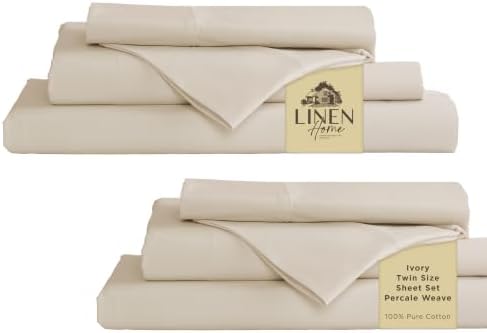 Linen Home 100% Cotton Percale Sheets Twin Size Pack of 2, Ivory, Deep Pocket, 6 Pieces Set- 2 Flat, 2 Fitted and 2 Pillowcases, Crisp Cool and Long Staple Strong Bed Linen