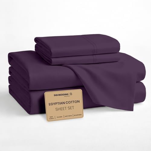 SGI bedding 100% Egyptian Cotton Sheets King Size – Cooling Sheets, Soft Breathable Plum Bedding, Luxury Bedding, Luxury Hotel Sheet Set, Deep Pocket 16", 4 Piece Set