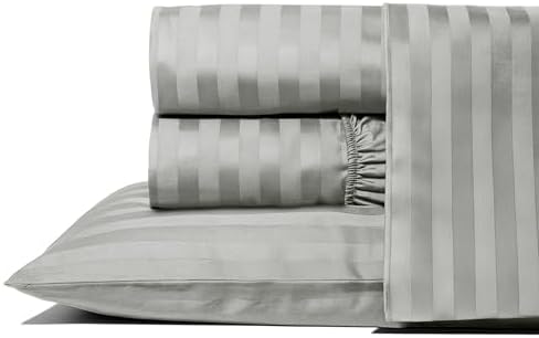 THREAD SPREAD Egyptian Cotton Sheets King Size - 1000 Series High Thread Count Cotton King Size Sheets Set (4 PC, Silver - Stripe), 16" Snug Fit Deep Pocket, Sateen Ultra-Soft Hotel Luxury Sheet Set
