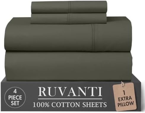 RUVANTI 100% Cotton Twin XL Sheets, Percale Weave Twin XL Set, Deep Olive