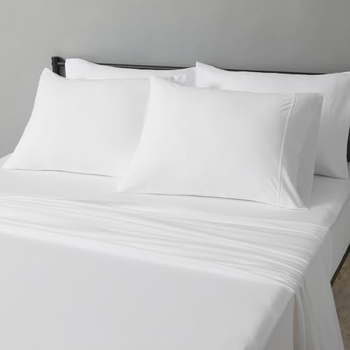 Amazon Basics 100% Cotton Jersey Bed Sheet Set, Breathable, Machine Washable, Queen, White, Solid