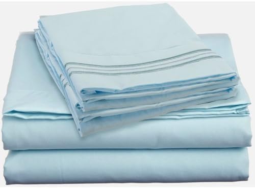 Stack of light blue bed sheets on a white background