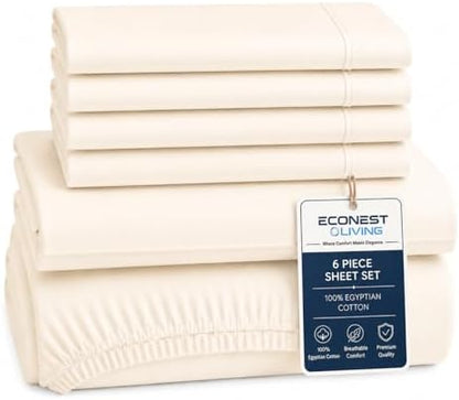 100% Egyptian Cotton Bed Sheets-Cal King 6PC Fits Up to 16" Mattress,Ivory