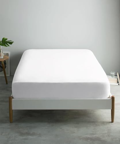 Feather & Stitch Fitted Sheet Only, 100% Cotton 300TC Lightweight Cooling & Breathable Percale Weave Fitted Sheet 16" Regular Elastic Deep Pocket Soft Bedding Mattress (King, White)