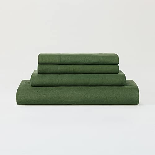 Sijo Stone Washed Organic French Linen Bed Sheet Set, GOTS Certified Organic, Best Cooling Linen Sheet Award by Sleep Foundation, 1 Flat Sheet Only (Forest, Full/Queen)
