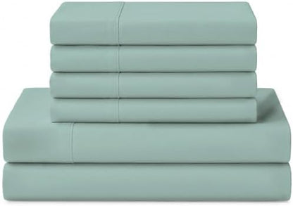 Linen Home 100% Cotton Percale Sheets Queen Size, Pastel Turk, Deep Pocket, 6 Pieces Set- 1 Flat, 1 Fitted and 4 Pillowcases, Crisp Cool and Long Staple Strong Bed Linen