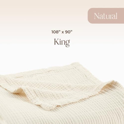 100% Cotton Organic Muslin Throw Blanket for Adults GOTS & Fairtrade Certified Organic Cotton - Couch Living Room and Bedroom Decor - 4 Layer Super Soft and Cozy (Natural, King)