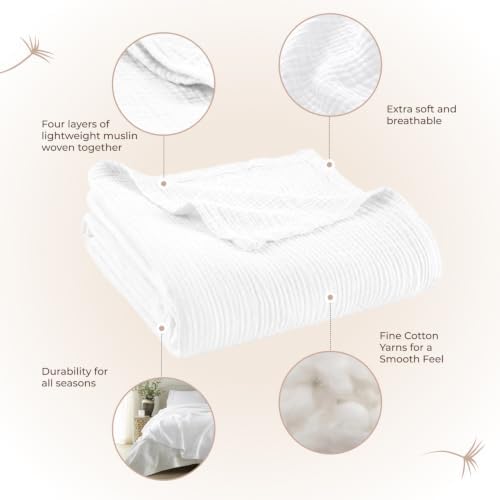 100% Cotton Organic Muslin Throw Blanket for Adults GOTS & Fairtrade Certified Organic Cotton - Couch Living Room and Bedroom Decor - 4 Layer Super Soft and Cozy (White, Queen)