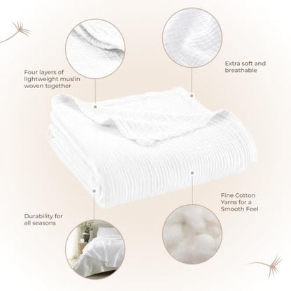 100% Cotton Organic Muslin Throw Blanket for Adults GOTS & Fairtrade Certified Organic Cotton - Couch Living Room and Bedroom Decor - 4 Layer Super Soft and Cozy (White, Queen)