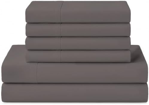 Linen Home 100% Cotton Percale Sheets California King Size, Charcoal, Deep Pocket, 6 Pieces Set- 1 Flat, 1 Fitted and 4 Pillowcases, Crisp Cool and Long Staple Strong Bed Linen
